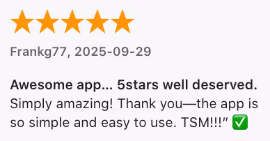 Screenshot of 5-star App Store review from Frankg77 on Sep 29, 2025 highlighting vibetone as simple, easy to use, and amazing.