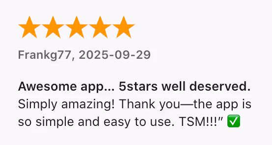 Screenshot of 5-star App Store review from Frankg77 on Sep 29, 2025 highlighting vibetone as simple, easy to use, and amazing.