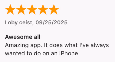 Screenshot of a 5-star App Store review for the vibetone app on Sep 25, 2025, stating that it does what the user has always wanted to do on an iPhone