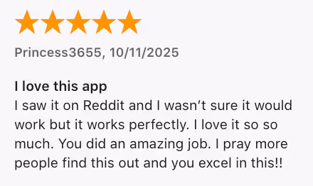 5-star App Store review from Princess3655 for the vibetone app on Oct 11, 2025, mentioning they discovered the app on Reddit, were skeptical at first, but it works perfectly