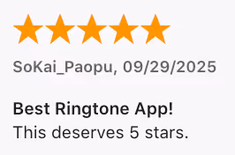 App Store review for vibetone by user SoKai_Paopu on Sep 29, 2025, rating 5 stars, titled “Best Ringtone App!”