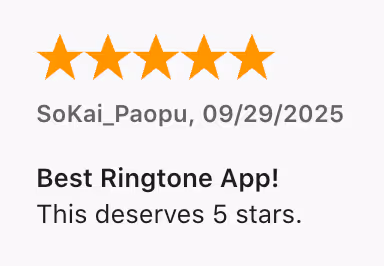 App Store review for vibetone by user SoKai_Paopu on Sep 29, 2025, rating 5 stars, titled “Best Ringtone App!”