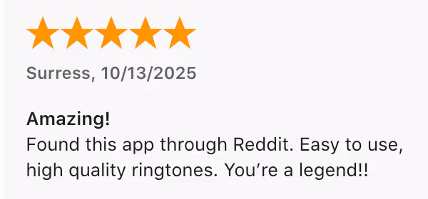 5-star App Store review from Surress on Oct 13, 2025, mentioning they found vibetone on Reddit and that it is easy to use