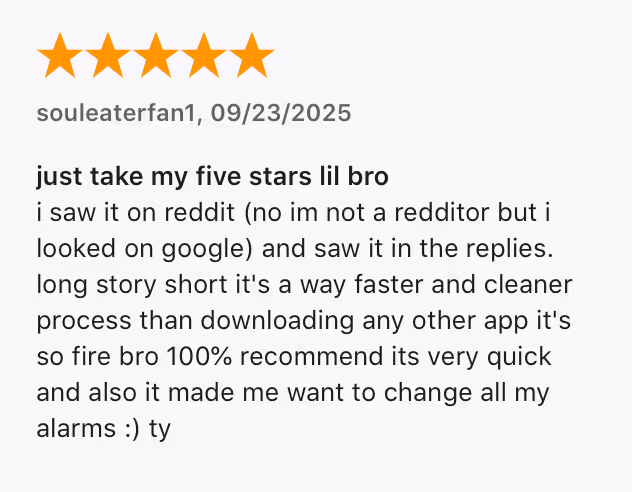 Screenshot of a 5-star App Store review for vibetone from souleaterfan1 on Sep 23, 2025 praising the app as fast, clean, and highly recommended