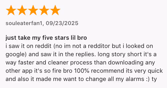 Screenshot of a 5-star App Store review for vibetone from souleaterfan1 on Sep 23, 2025 praising the app as fast, clean, and highly recommended